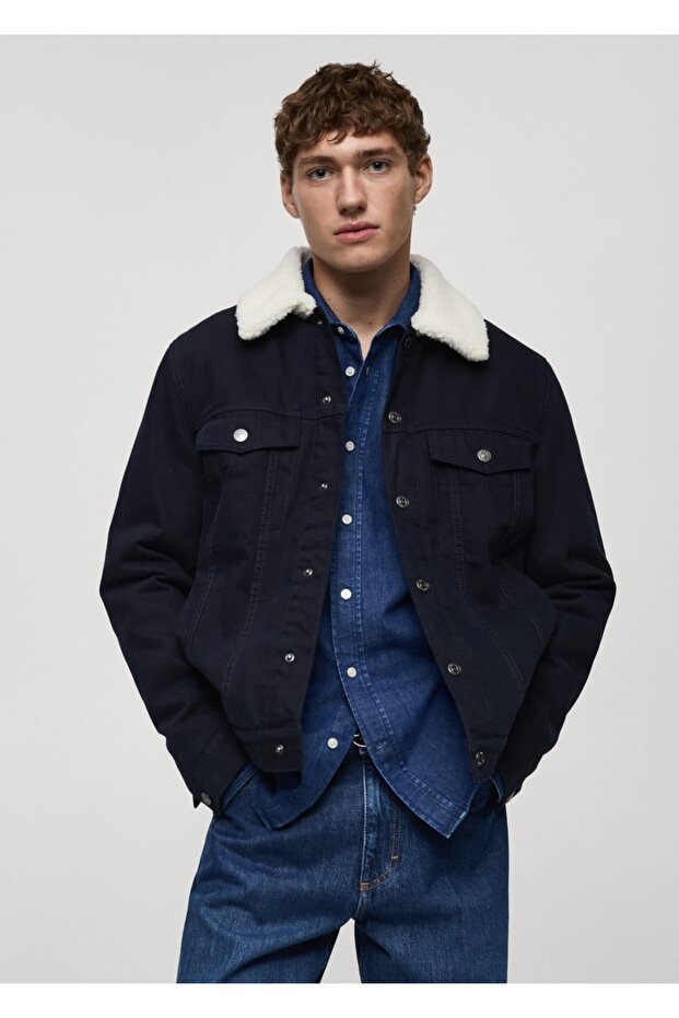 Kürk yakalı denim mont - 1