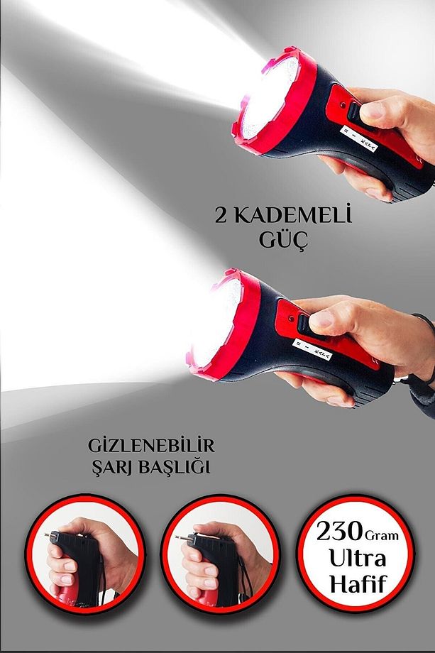 Şarjlı 10w Projektör Led El Fener 2 Mod Aydınlatmalı Uzun Menzil Güvenlik Bekçi Polis Feneri Işıldak - 2