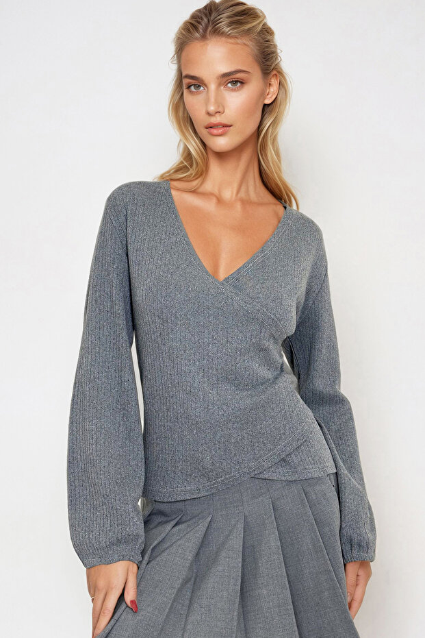 Women's Dark Gray Double Breasted Collar Elastic Sleeve Blouse Alc-X12929