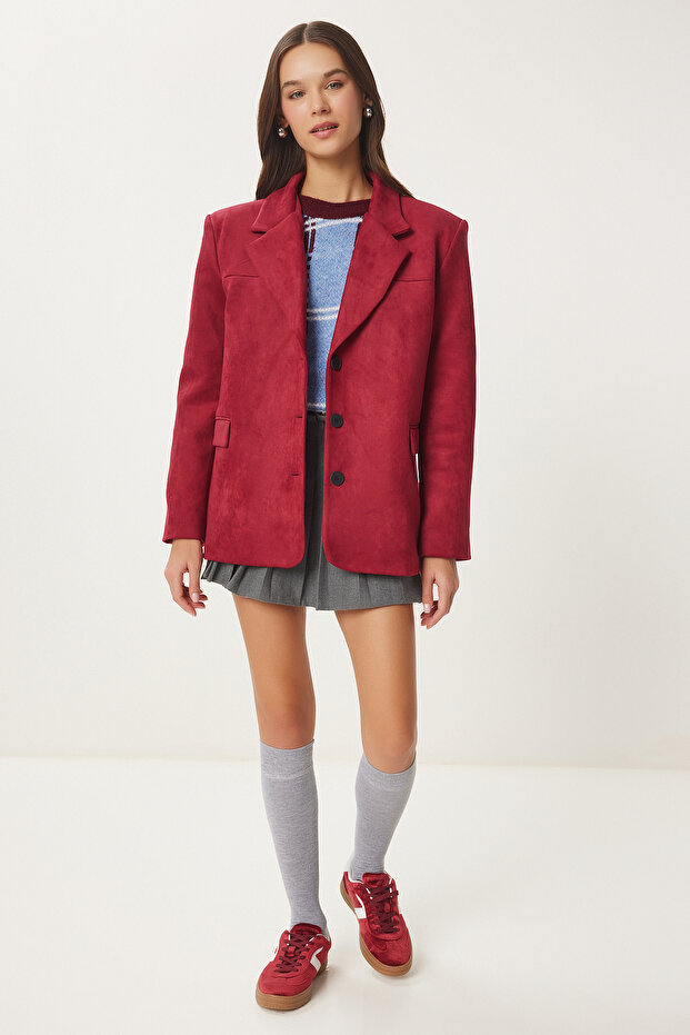 Women's Burgundy Premium Suede Blazer Jacket Fn03443