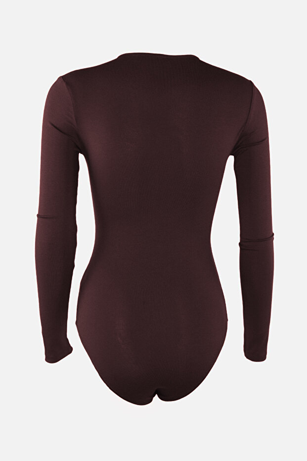 Kahverengi Derin V Yakalı Çıtçıtlı Örme Body TPRAW22BD0084 - 7