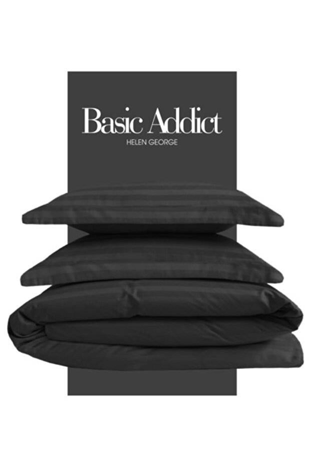 Basic Addict - طقم غطاء لحاف مزدوج مخطط من الساتان القطني / أسود