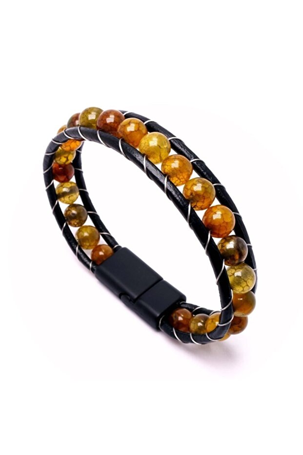 Men's Brown Agate Natural Stone Leather Bracelet