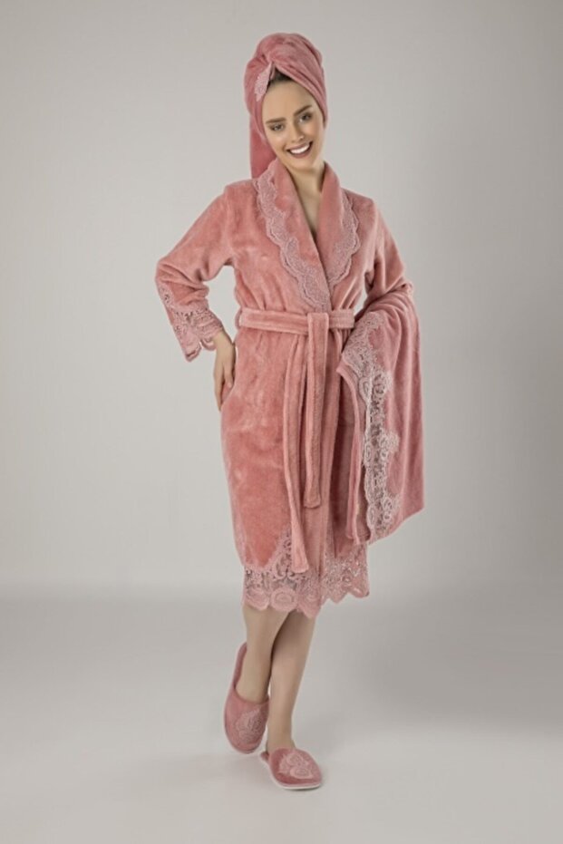 Women's Powder Lace Bambo Cotton Bathrobe Set