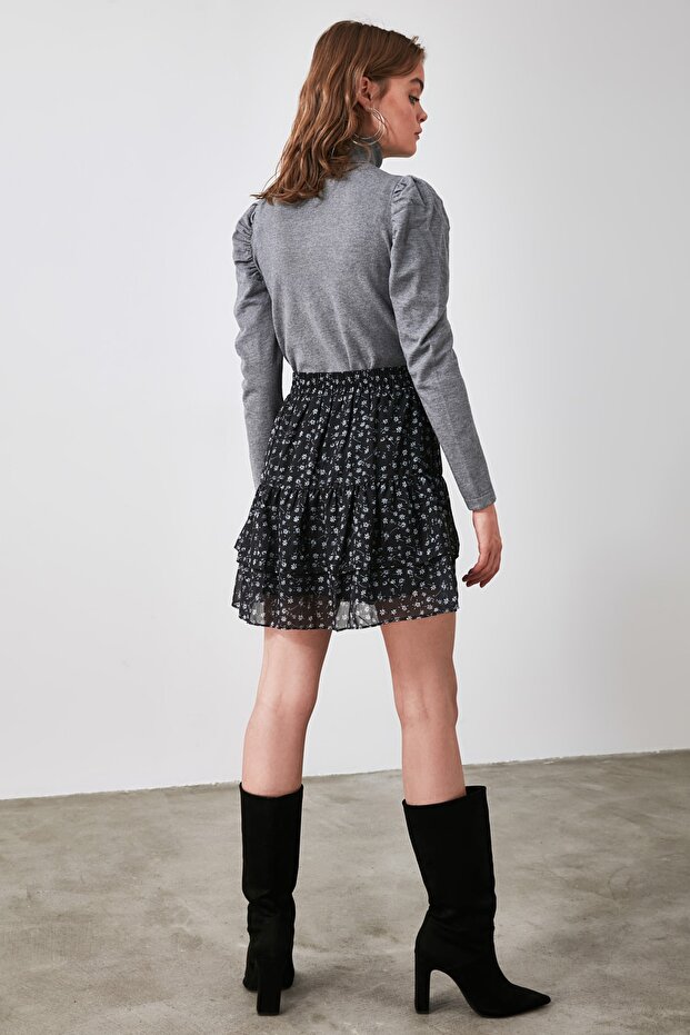 Schwarzer, mit Blumen gefütterter Volant-Chiffon-Mini-Webrock TWOAW21ET0410 - 5