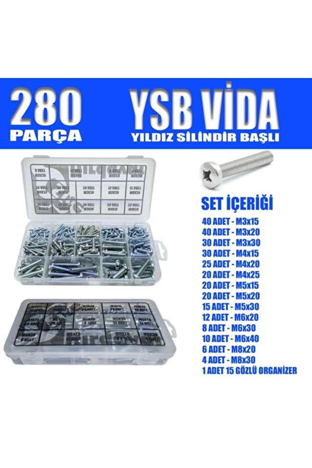 280 Parça Yıldız Silindir Başlı Vida Civata Seti - 1