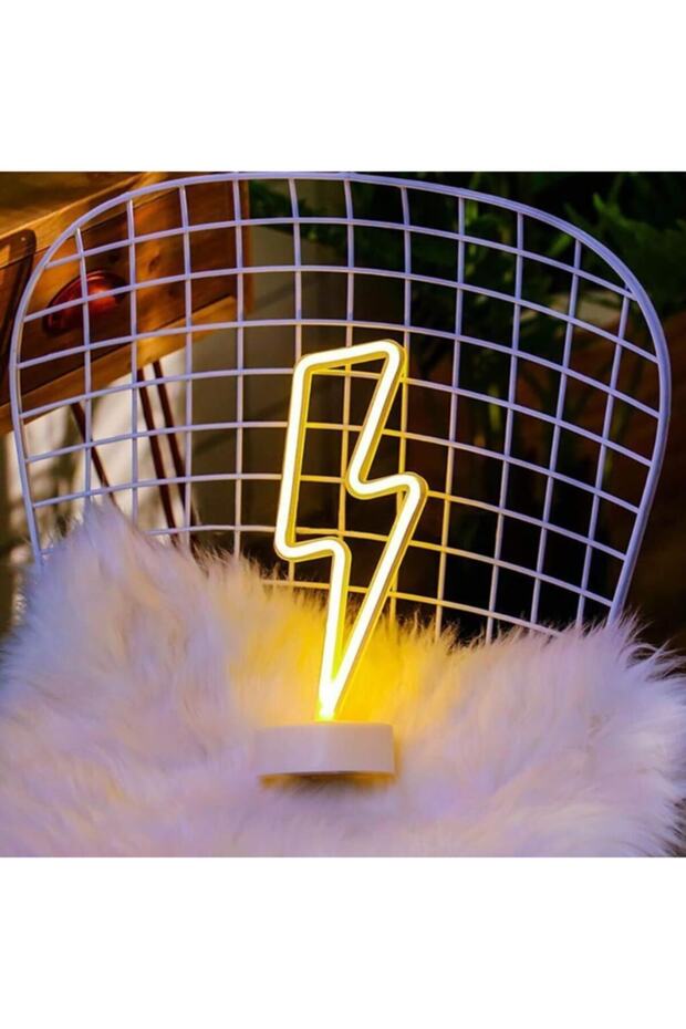 Sarı Şimşek Model Neon Led Işıklı Masa Lambası, Dekoratif Led Lam - 1