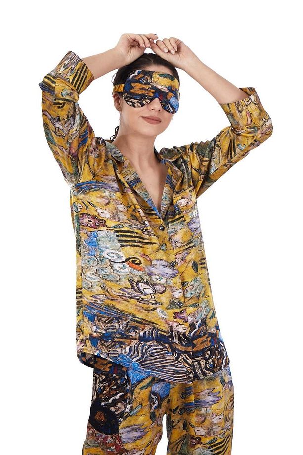 İpek Gömlek Pantolon-Pijama Takımı | Lady with Fan | Nomads Felt - 6