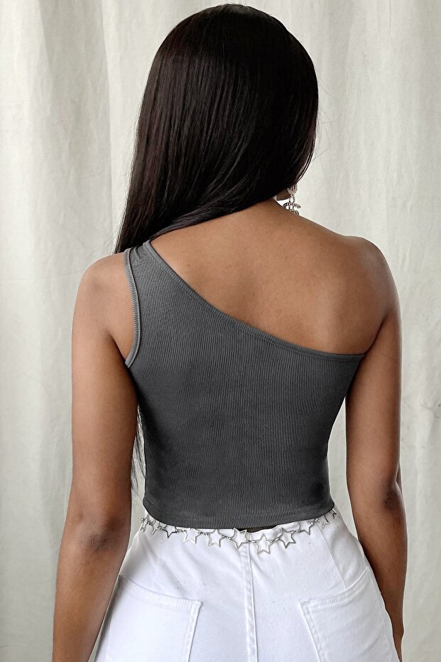 Kadın Antrasit Gri Tek Omuz Crop Bluz - 2