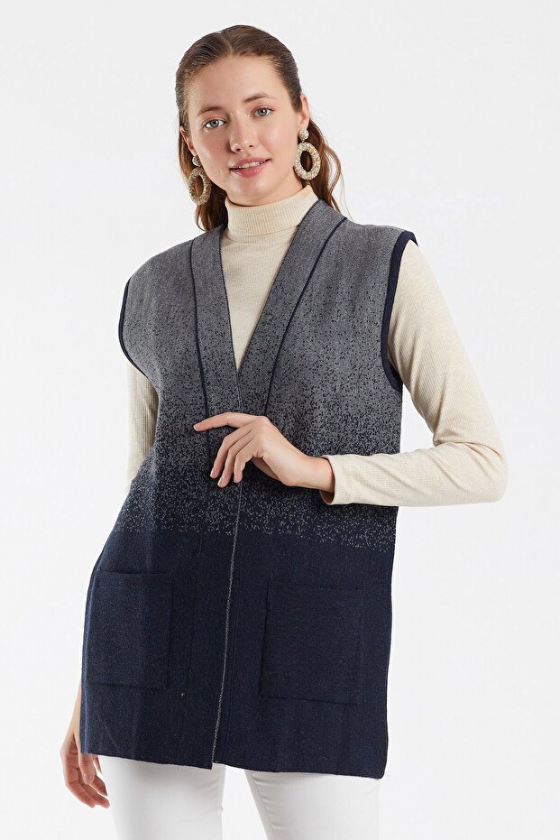 Women's Grey-Navy Blue Seasonal Knitted Vest with Pockets