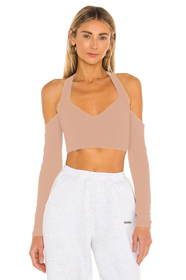 Women's Beige Halter Neck Silk Jersey Crop Top