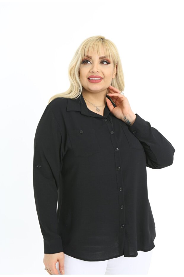 Women's Ayrobin Double Pocket Straight Large Size Shirt Black