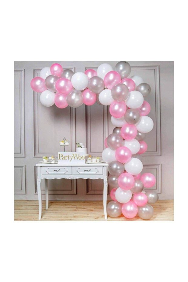 White Pink Silver Birthday Balloon And Chain 50 Pieces