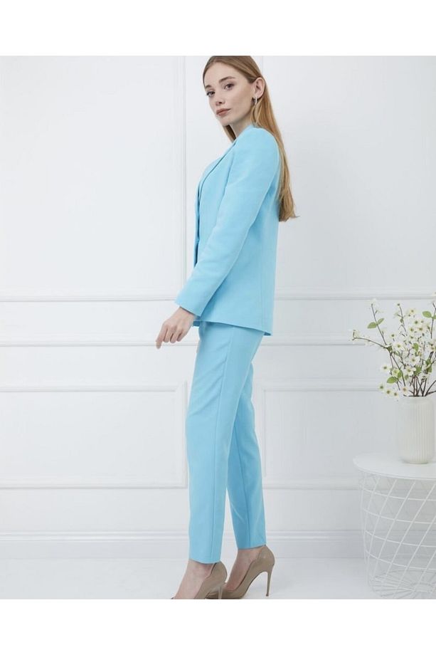Mavi Krep, Blazer Ceket, Askılı Crop Ve Pantolon Takımı - 3