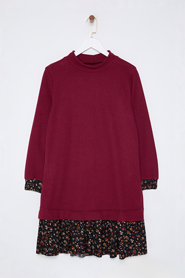 Bordo Çiçek Baskılı Mini Selanik Dik Yaka Örme Elbise TWOAW25EL00282 - 6