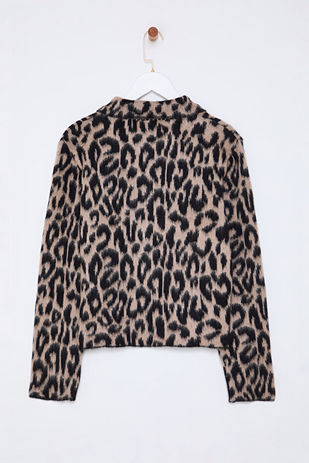 Kahverengi Leopar Desenli Polo Yaka Triko Hırka TWOAW25HI00360 - 7