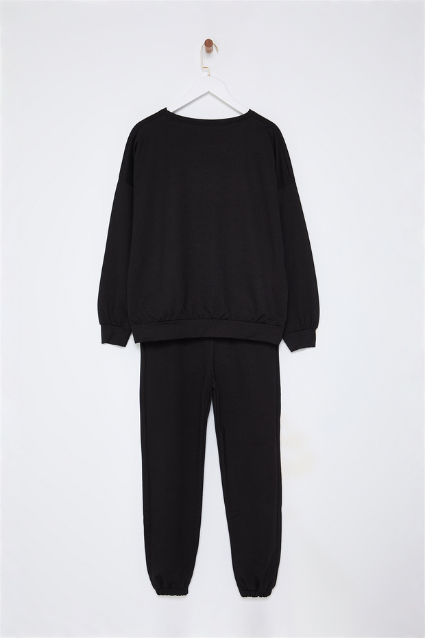Siyah 2 İplik Bisiklet Yaka Basic Jogger Örme Eşofman Takımı TWOAW25EM00017 - 7