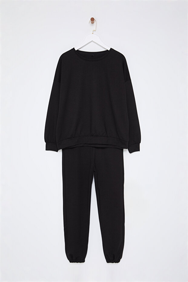 Siyah 2 İplik Bisiklet Yaka Basic Jogger Örme Eşofman Takımı TWOAW25EM00017 - 6