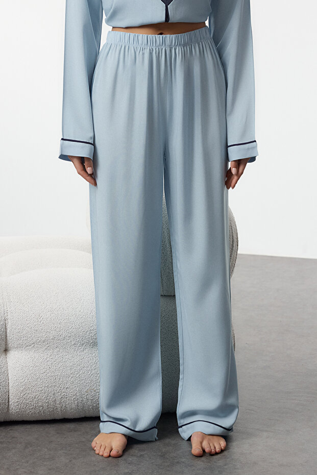 Açık Mavi Kalp Nakışlı Biyeli Viskon Dokuma Pijama Takımı THMAW25PT00179 - 4