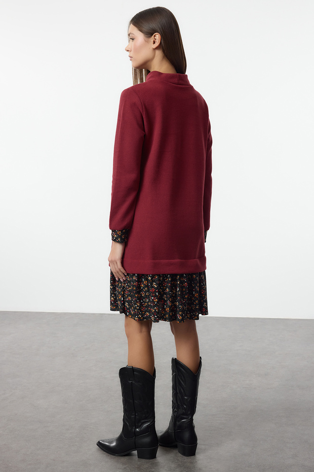 Bordo Çiçek Baskılı Mini Selanik Dik Yaka Örme Elbise TWOAW25EL00282 - 5
