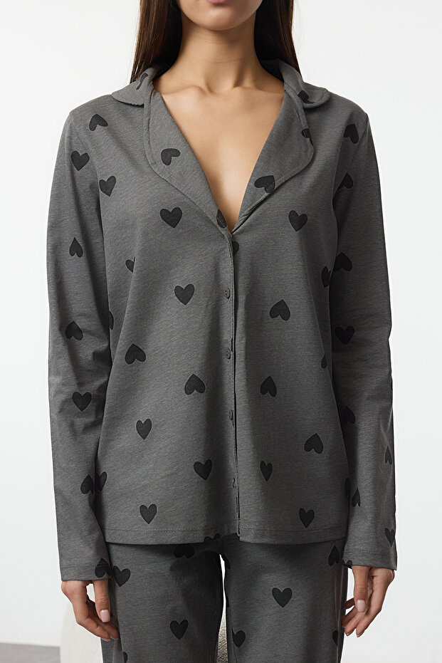 Gri %100 Pamuklu Kalp Desenli Örme Pijama Takımı THMAW21PT0548 - 3