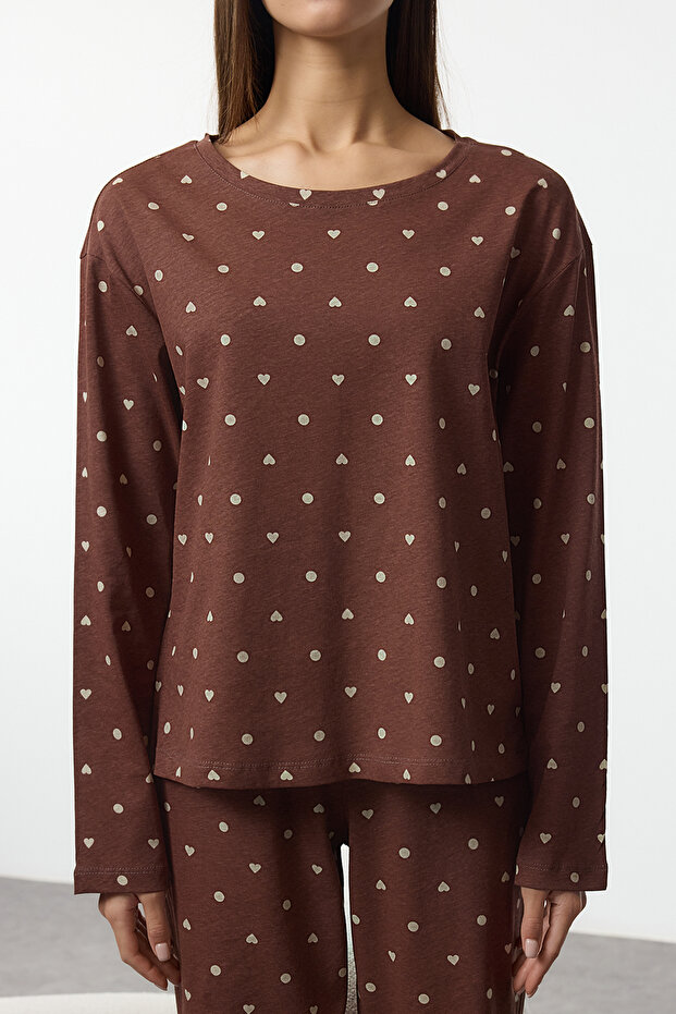 Kahverengi %100 Pamuklu Puantiye ve Kalpli Örme Pijama Takımı THMAW25PT00039 - 3