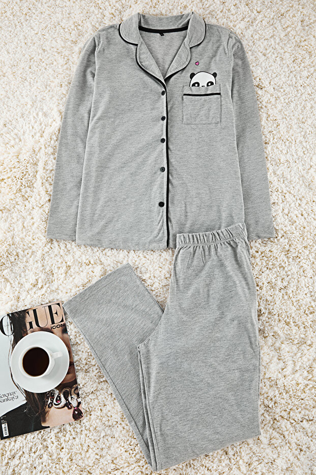 Gri Melanj Pamuklu Panda Baskılı Örme Pijama Takımı THMAW21PT0245 - 6