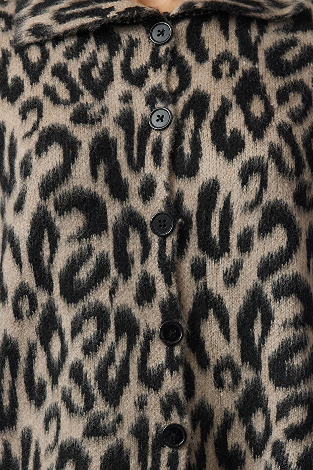Kahverengi Leopar Desenli Polo Yaka Triko Hırka TWOAW25HI00360 - 3