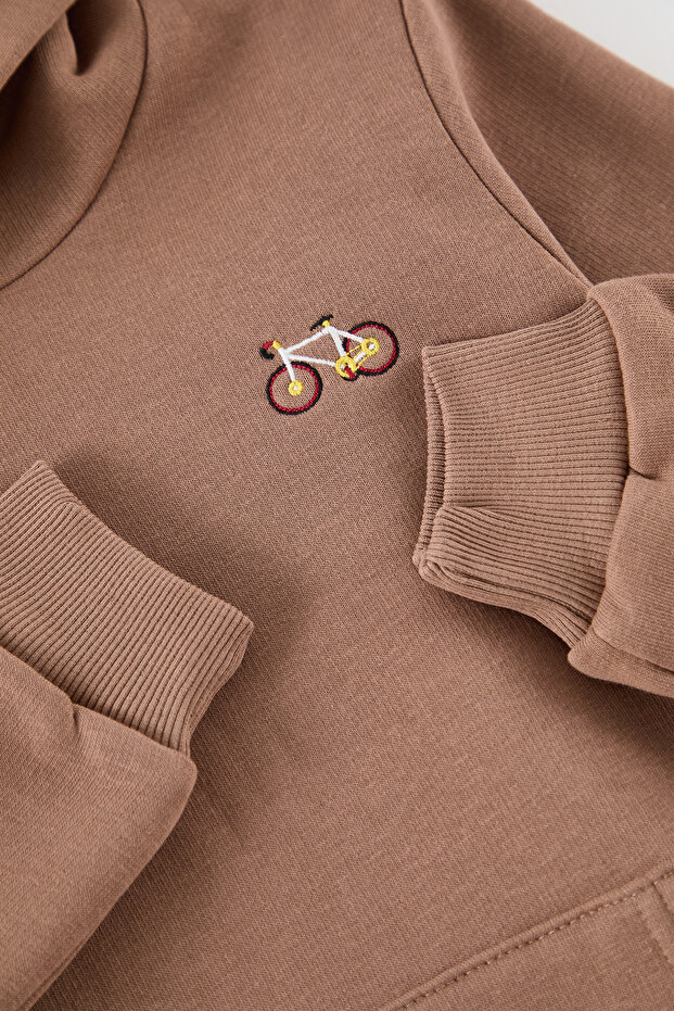 Kahverengi Unisex Baskılı Pamuklu Kapüşonlu Örme Mini Me Sweatshirt TKDAW25SW00077 - 2