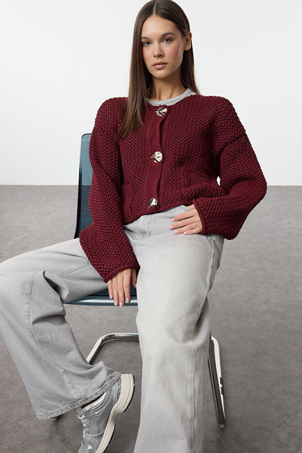 Claret Red Button Detailed Textured Knitwear Cardigan Twoaw25Hi00381