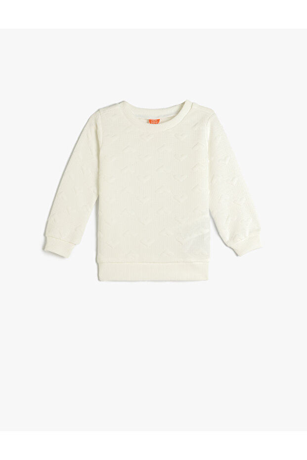 Basic Sweatshirt Long Sleeve Crew Neck Textured with Heart Detail