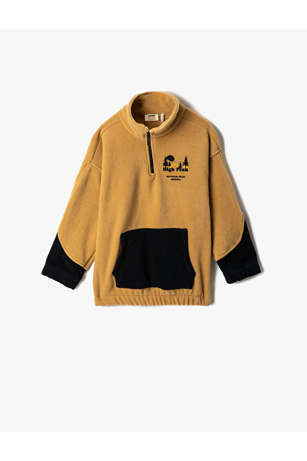 Polar Sweatshirt Stand Collar Half Zipper Kangaroo Pocket Contrast Color