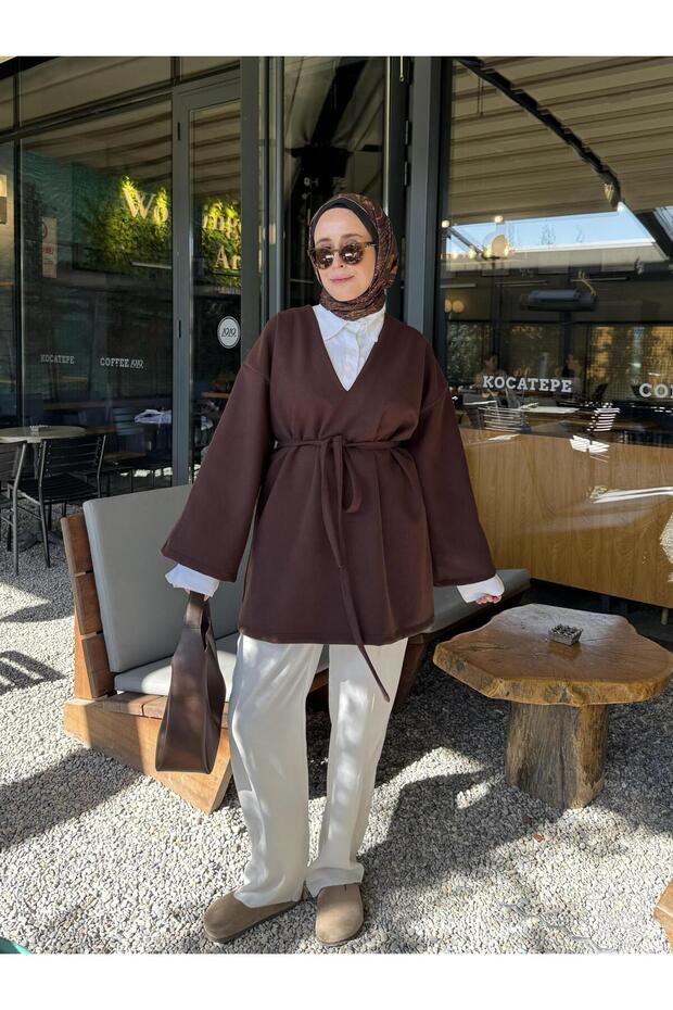 V-Neck Tunic with Belt - Brown - Large Size Range