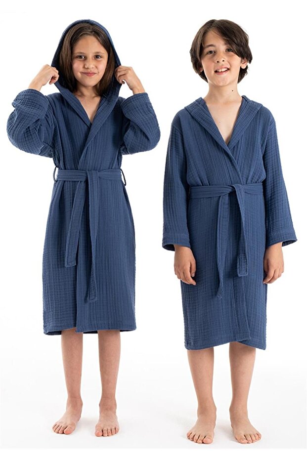 Hooded Muslin Bathrobe - Navy Blue Color - Bathrobe for Children