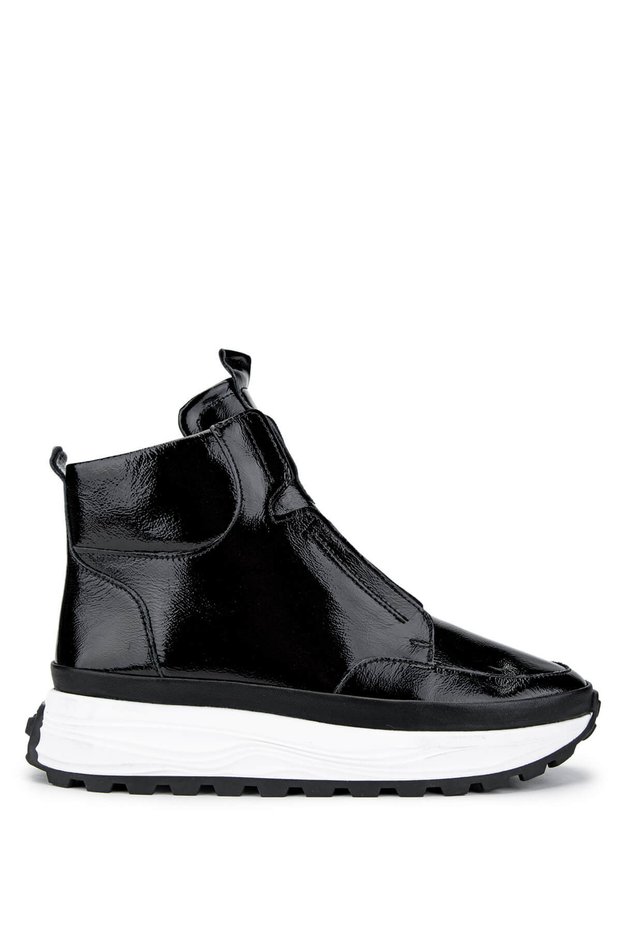 Women's Genuine Leather Black Patent Leather Casual Boots