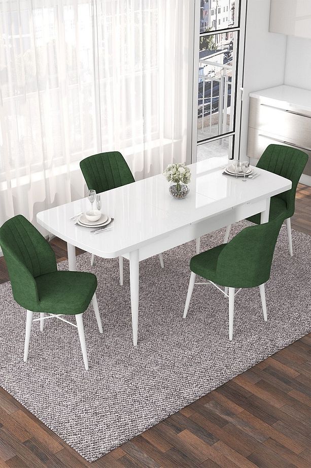 Nef Serisi 70x114 Açılabilir Mdf Beyaz Mutfak Masası Takımı Ve 4 Haki Yeşil Sandalye - 2