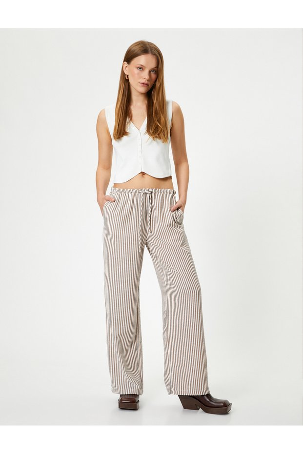 Wide Leg Trousers with Lace-Up Waist and Pockets, Standard Waist