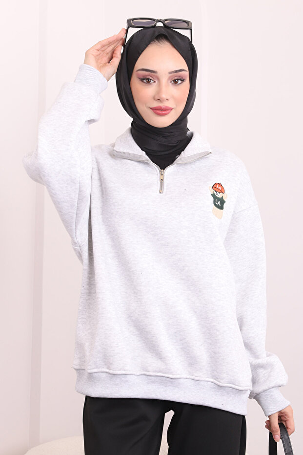 Gray Collar Zippered Raised Three Thread Sweat