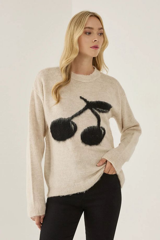 Relaxed Fit Cherry Desenli Triko Kazak - 1