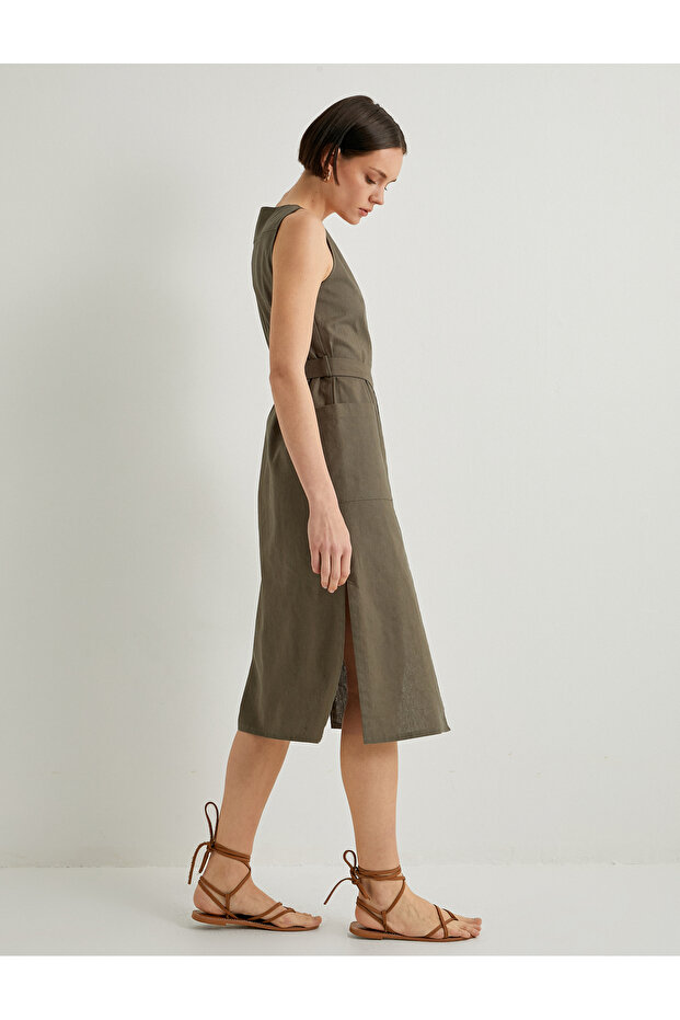 Linen Blended Midi Shirt Dress - V-Neck with Waist Belt and Button Detail