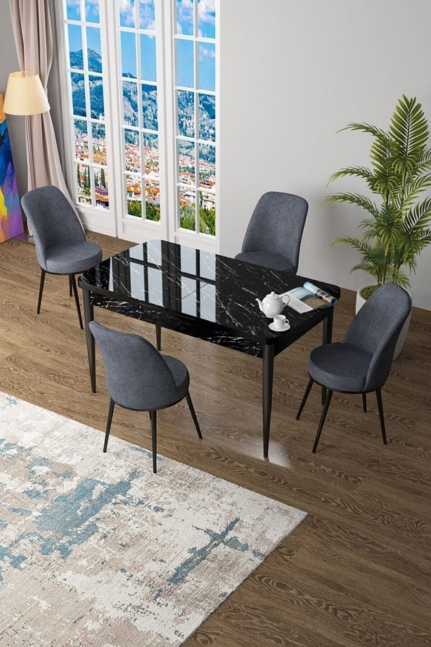 Zen Serisi 80x132 Mdf Açılabilir Siyah Mermer Desen Masa Takımı Ve 4 Füme Sandalye - 1
