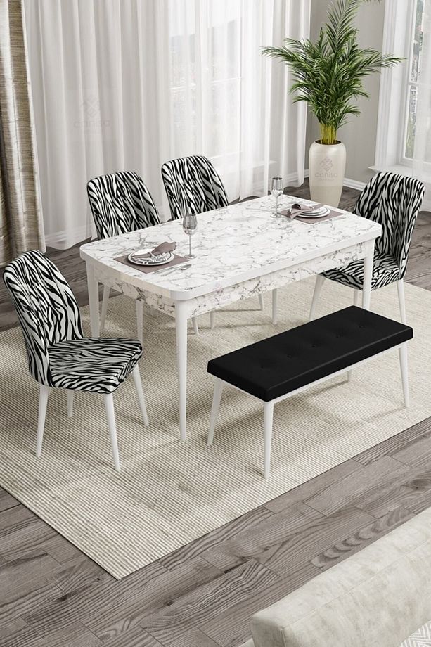 Rio Serisi Bench'li Beyaz Mermer Desenli Mdf Mutfak Masası 4 Zebra Sandalye - 1