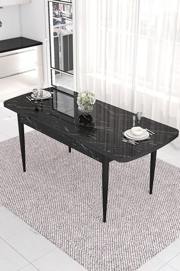 Taç Serisi Açılabilir Mutfak Masası Takımı 80x132 Siyah Mermer Desen Masa 6 Gri Sandalye - 5