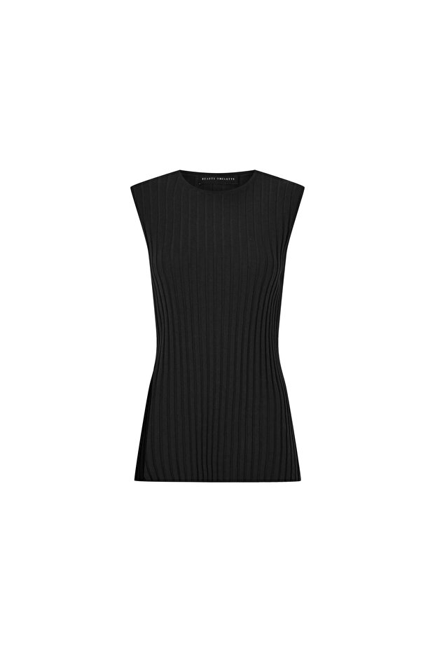 Black Ribbed Slit Detailed Sleeveless Sweater