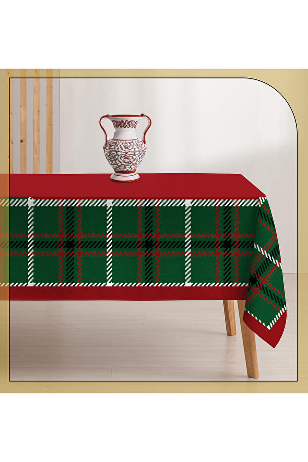 Red Green Colored Table Cloth with Ecose Pattern and Christmas Concept