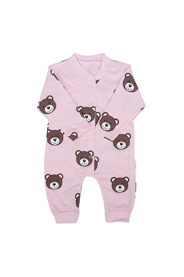 Baby Girl Pink Brown Teddy Bear Printed Jumpsuit