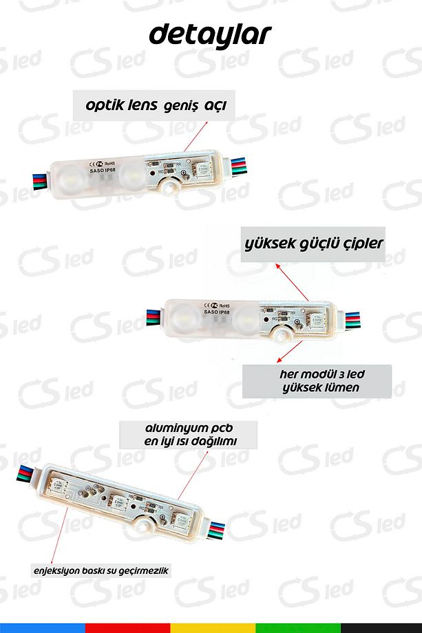 RGB LED Modül 0.72W, DC12V, IP65 Su Geçirmez, Yapışkanlı, Reklam ve Dekoratif Işık - 20 Adet - 3