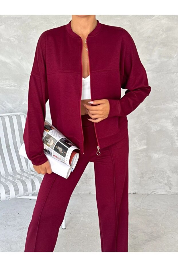 Hakim Yaka Modal Eşofman Takimi Fermuarli Takim /Women's Textured Fabric Tracksuit Set with Zipper