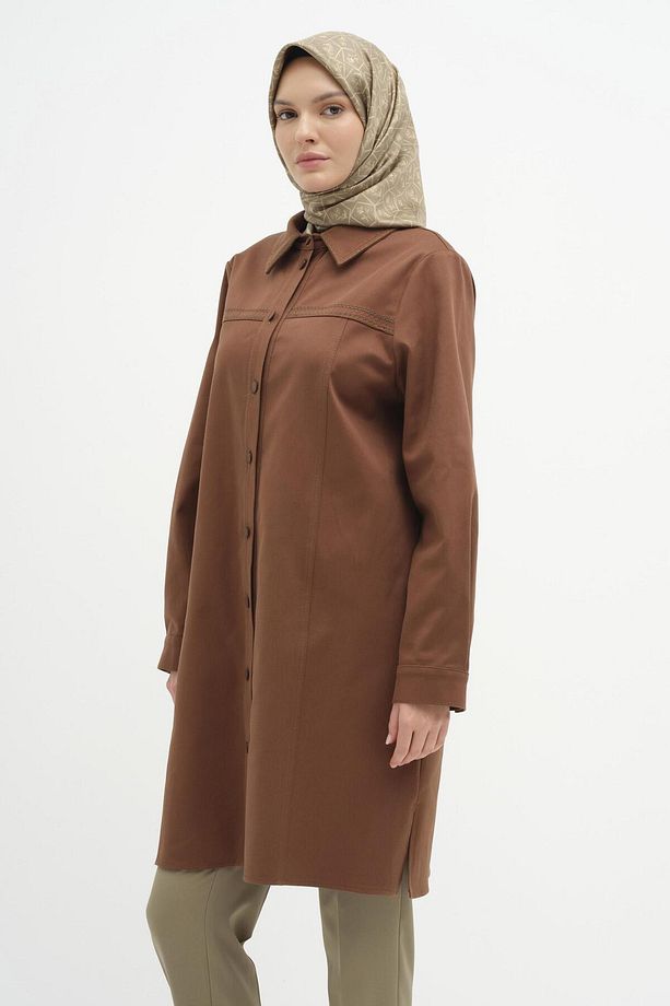 Yaka Ve Robası Nakış Detaylı Canvas Tunik - Kahve - 2
