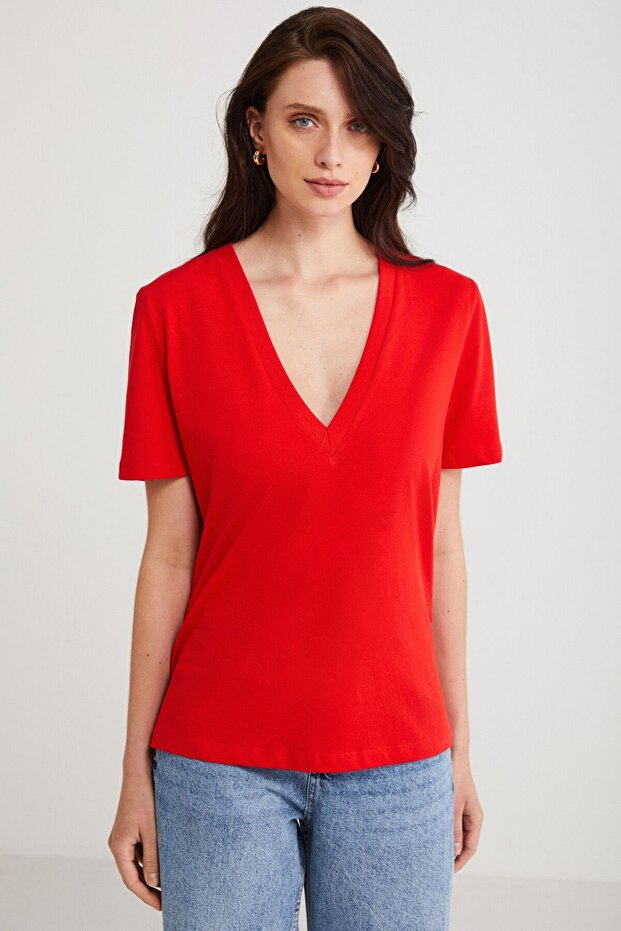 Alıne Women's 100% Organic Cotton Regular Fit Regular Fit V-Neck Basic Red T-Shirt